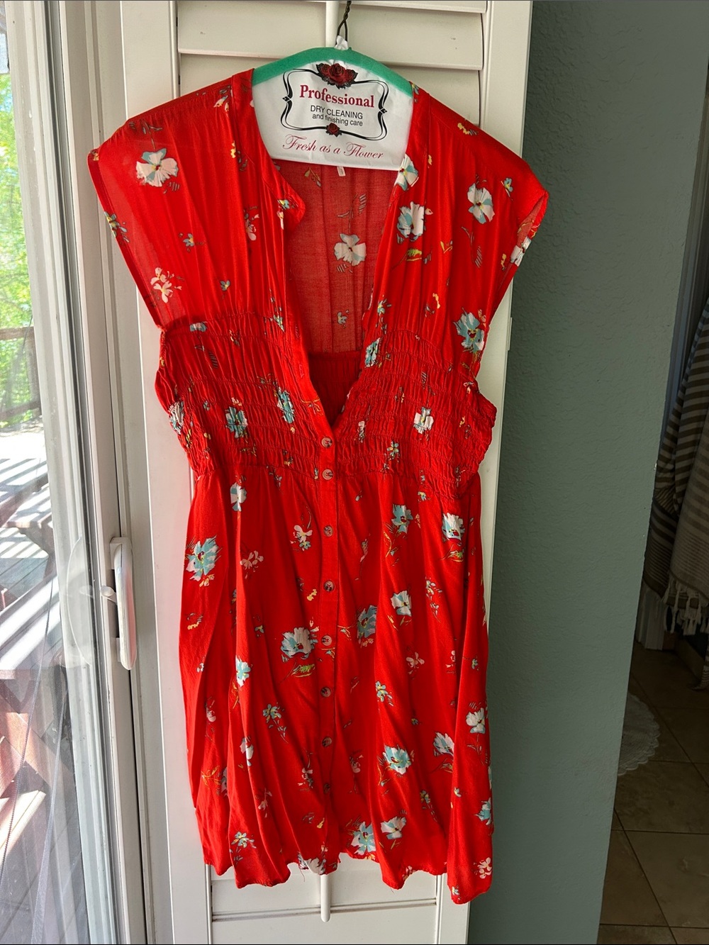 Free People Red Floral Smocked-Waist Dress -